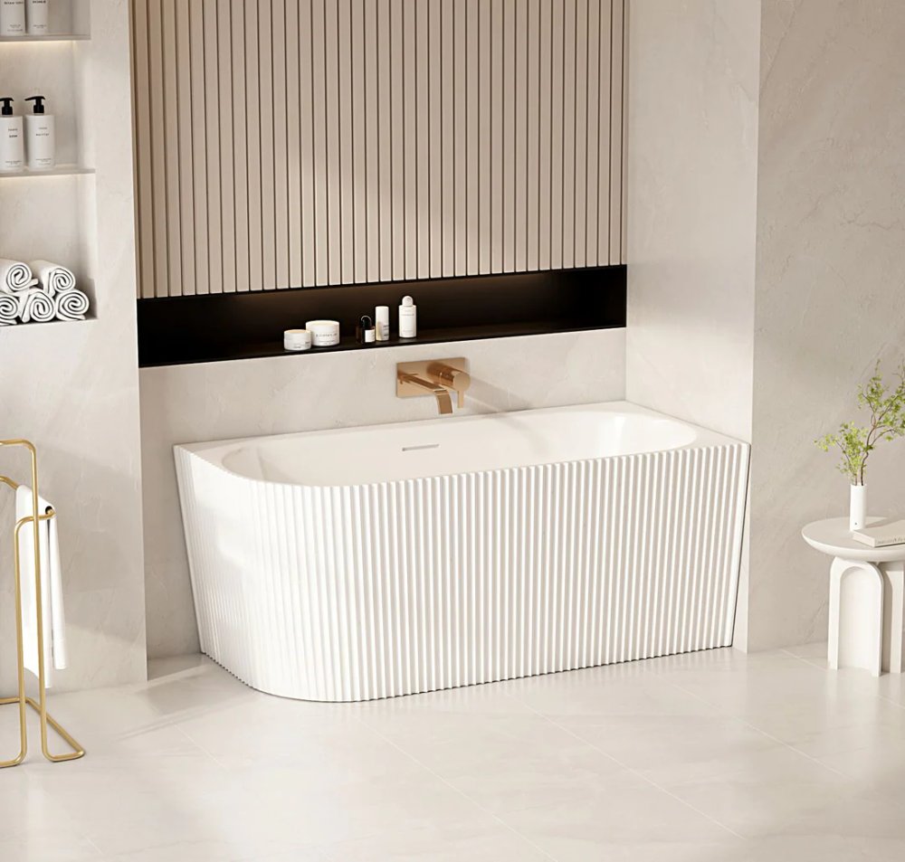 Rose 1500mm V-Groove Right Hand Corner Matt White Bathtub WITH OVERFLOW