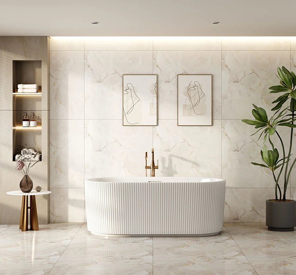 Rose 1700mm Fluted V-Groove Freestanding Matt White Bathtub WITH OVERFLOW