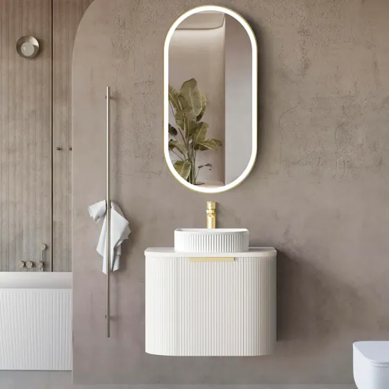BONDI 600MM SATIN WHITE FLUTED WALL HUNG CURVE VANITY