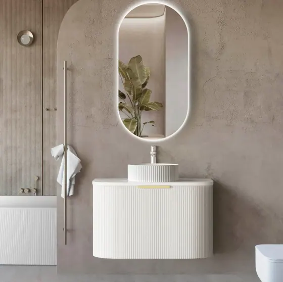 BONDI 750MM SATIN WHITE FLUTED WALL HUNG CURVE VANITY